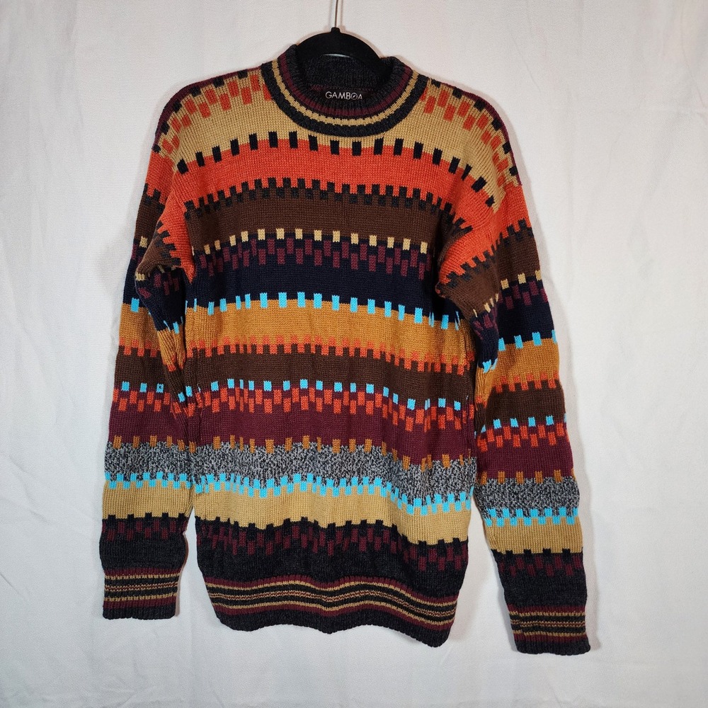 Gamboa Alpaca Wool Colorful Striped Sweater Crew Neck Knit Pullover M
